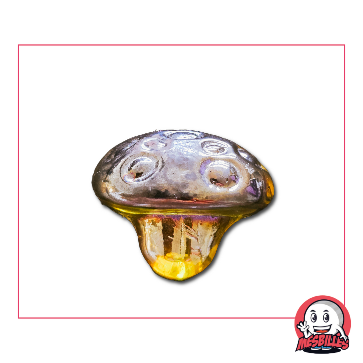 Foto di una biglia in vetro a forma di fungo di 3 cm, con cappello grigio-ambra e piede giallo traslucido, venduta singolarmente sul negozio MieiBiglie.