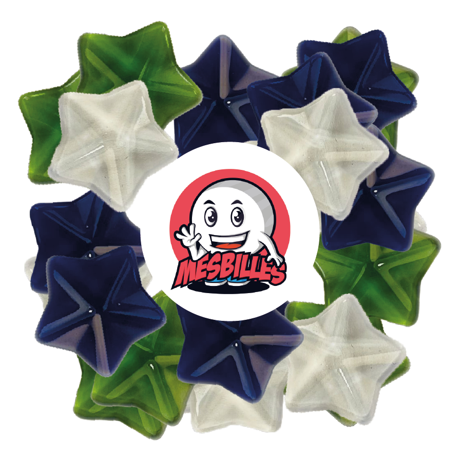 Immagine della mascotte MesBilles circondata da biglie Extra-Piatta Arapède Blu Notte in vetro traslucido - Decorazione e gioco - MesBilles