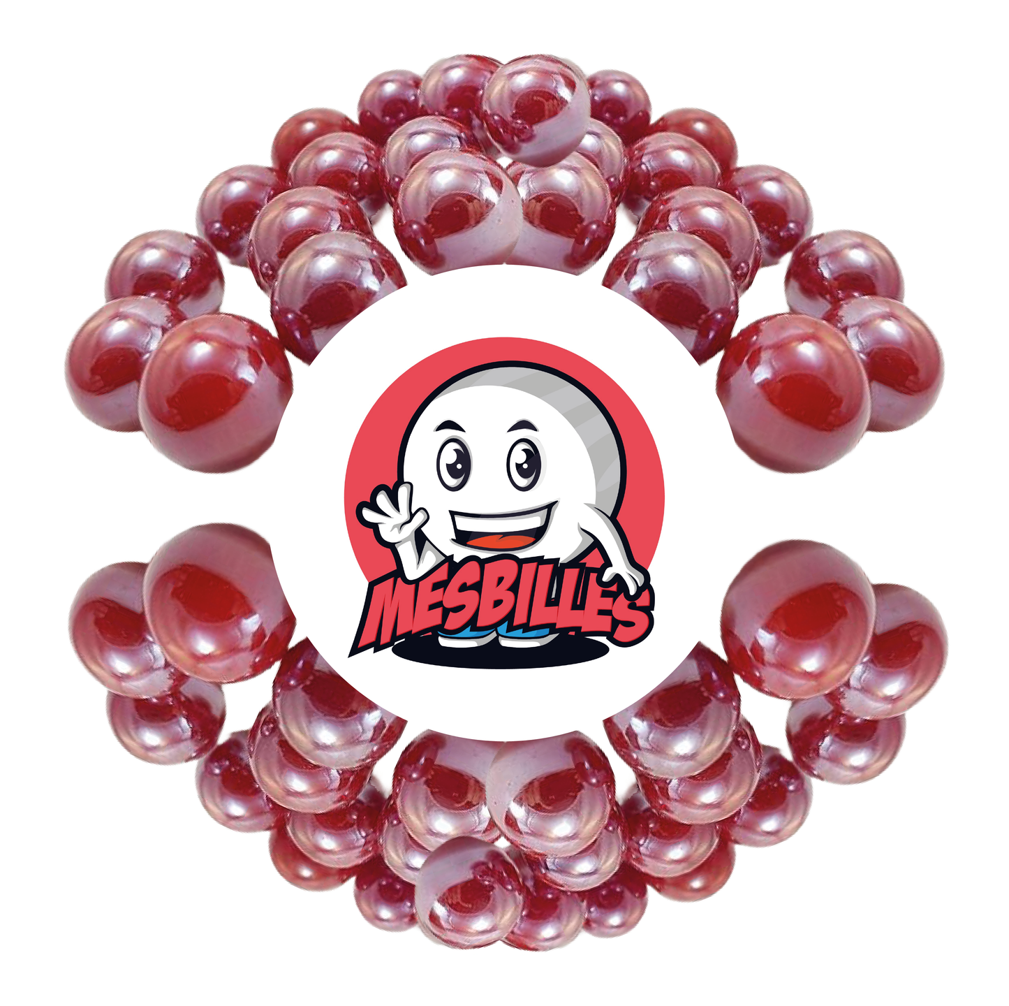 Immagine della mascotte MesBilles circondata da biglie lucide 16 mm - vetro opaco e brillante rosso