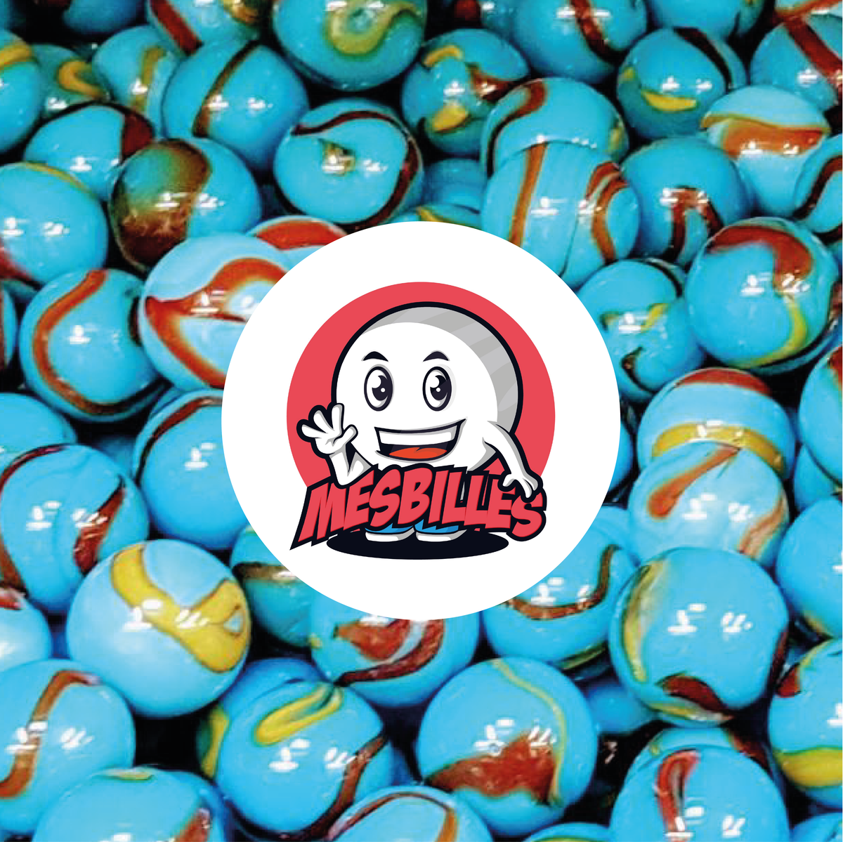 Immagine della mascotte MieiBiglie circondata da biglie Pianeta Terra opache di colore blu con tracce di nero da 25 mm