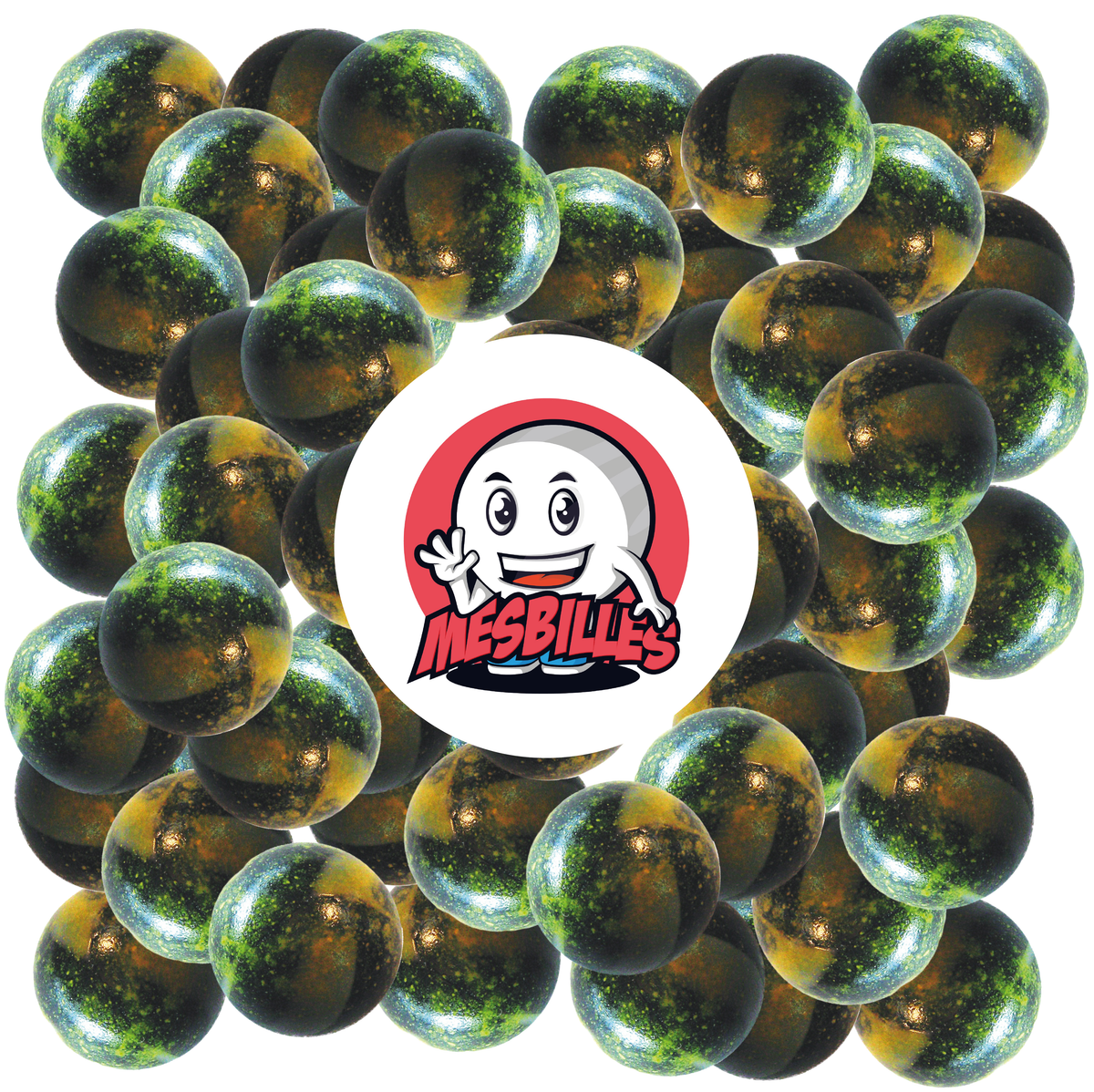 Immagine della mascotte MieiBiglie circondata da biglie Plutone 14 mm - Vetro opaco nero macchiato di giallo