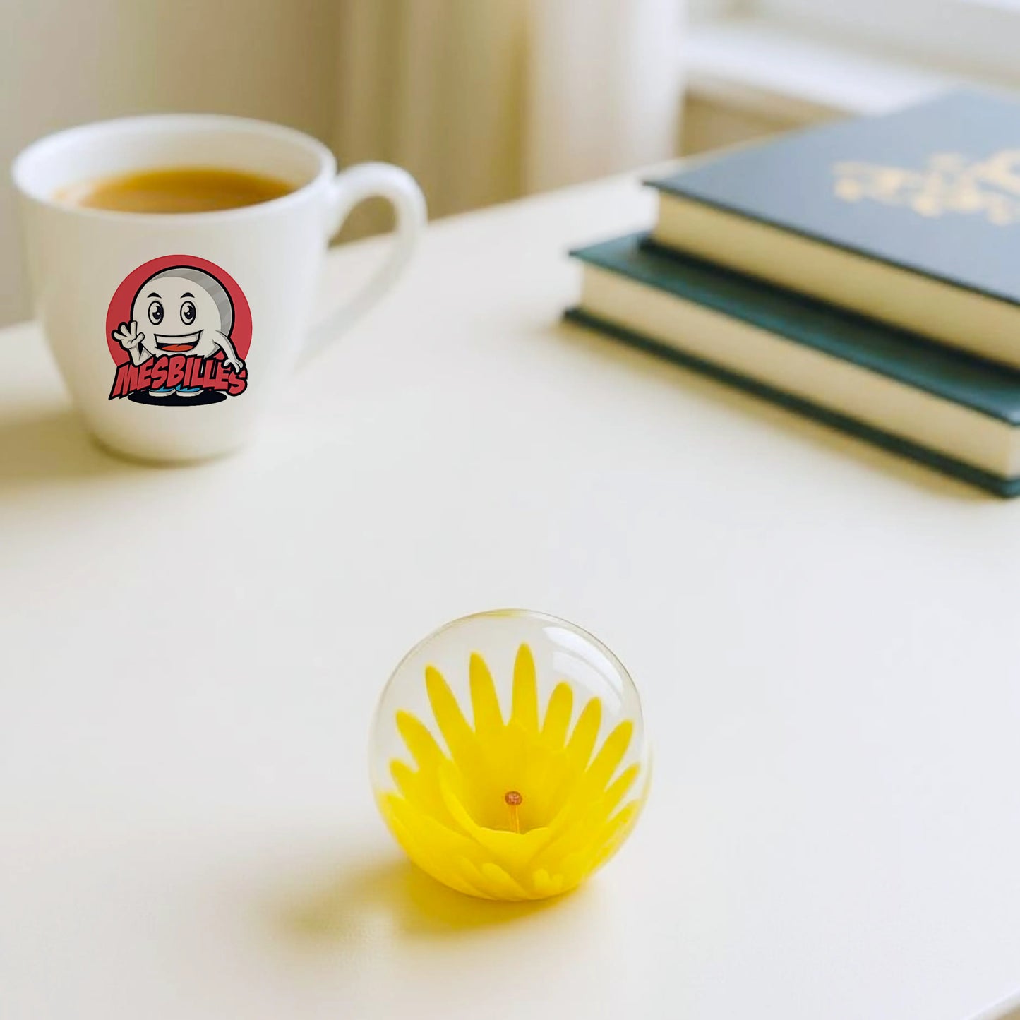 Pénétrez l'art à travers le microcosme d'une bille, la Bille d'Art Fleur 3D Jaune 25 mm