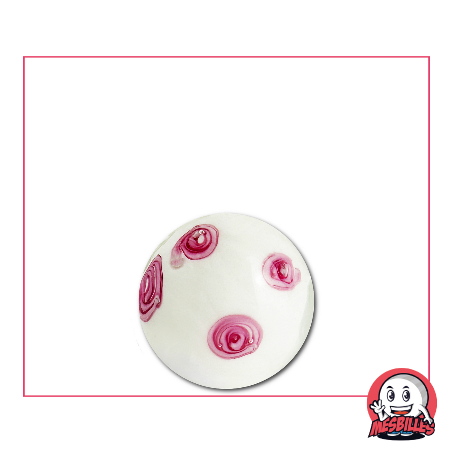 Biglia bianca artigianale in vetro da 16 mm decorata con delicati fiori rosa, che evocano la fragile poesia dei ciliegi in fiore.