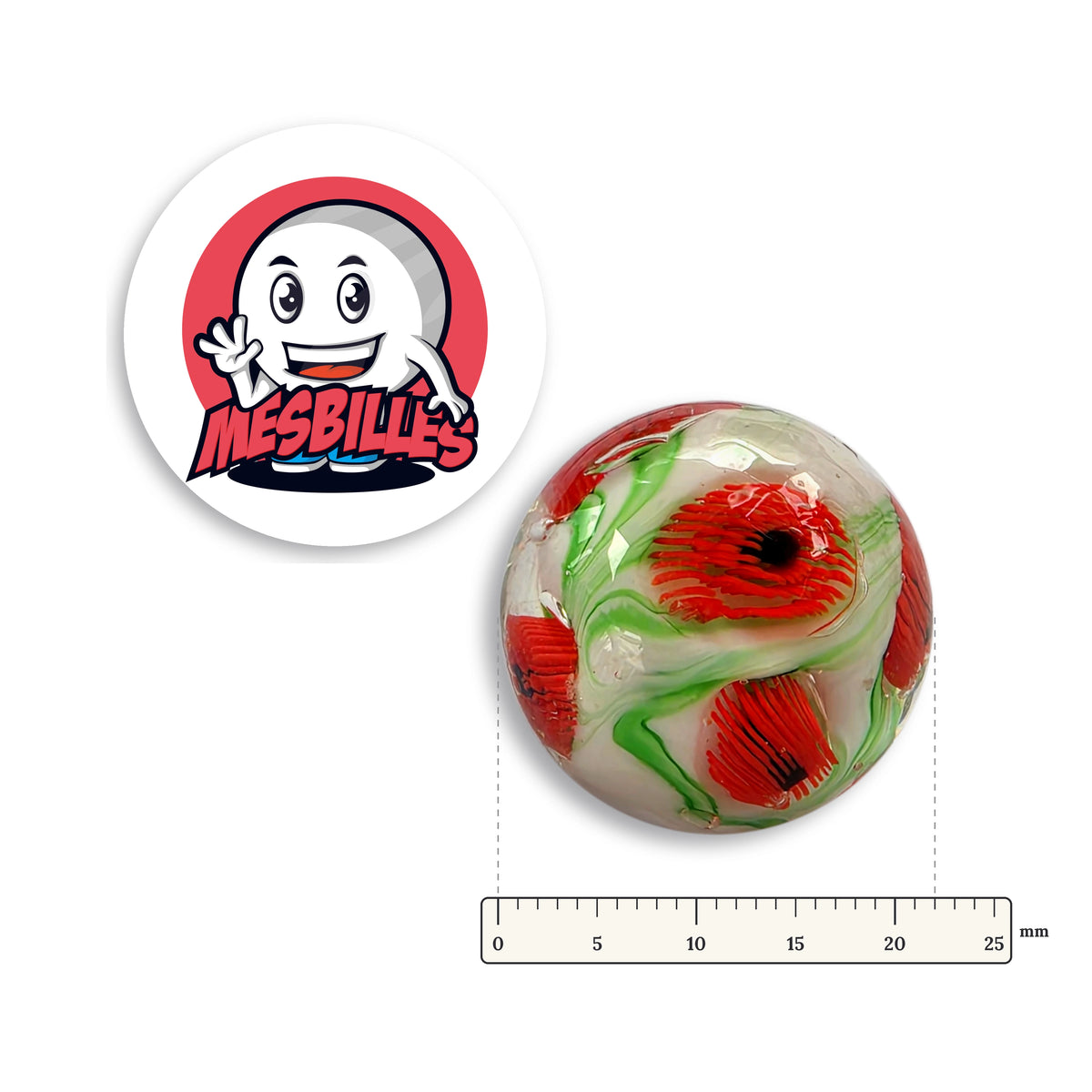 Bille Art Coquelicot 22 mm à côté d'une règle graduée, 22 mm de diamètre