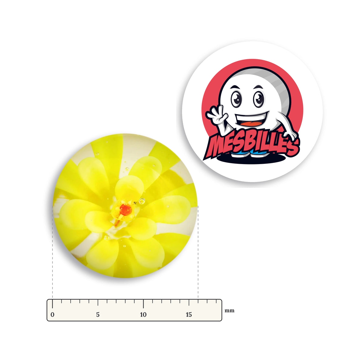 Bille Art Fleur3D Jaune à côté d'une règle graduée, 16 mm de diamètre