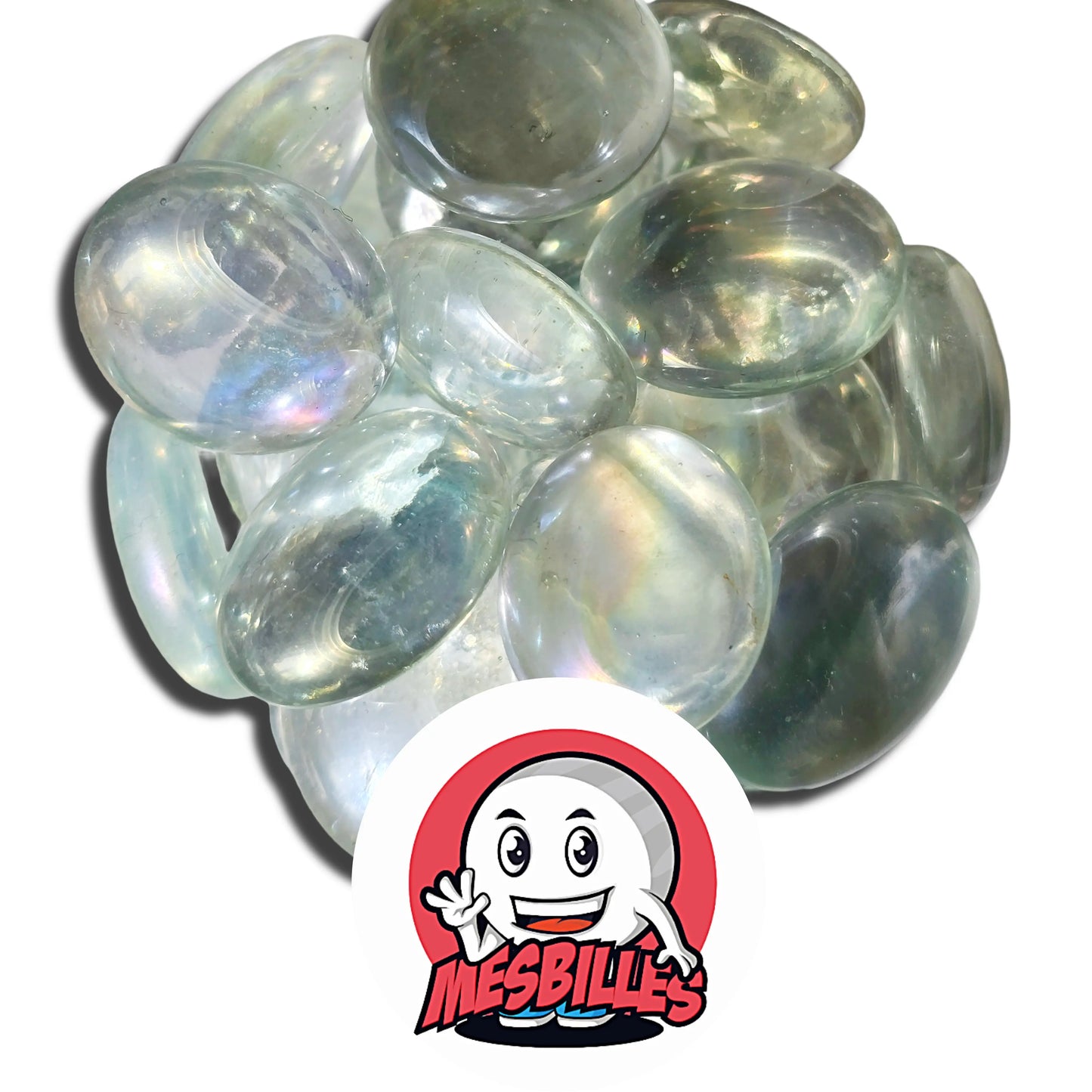 Dans la Grande Famille des Billes Irisée, il y a les Billes Plates en verre Translucides et Brillants de Couleur Cristal.