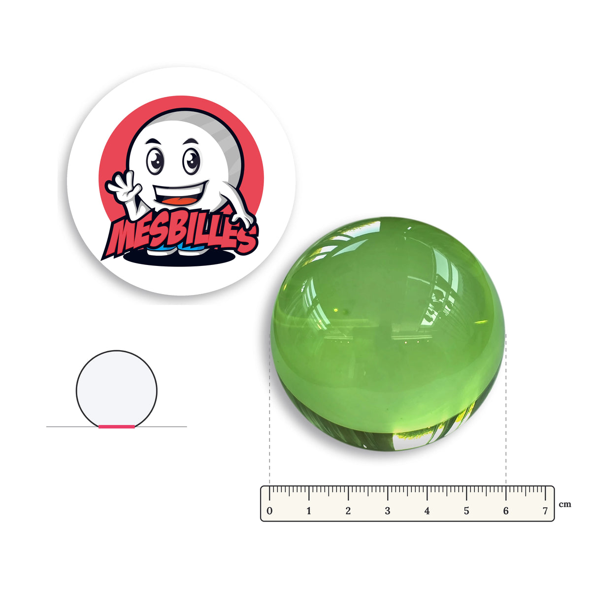 Grande bille Presse-Papiers Loupe Vert-Clair Verre de Bohême 60 mm avec règle graduée et schéma du fond plat