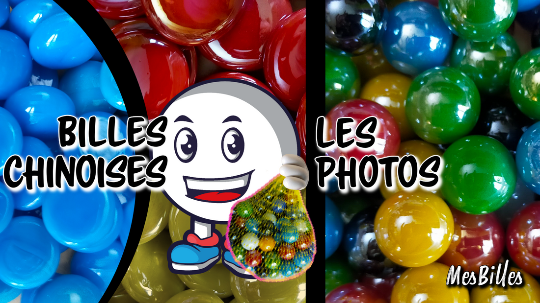 Assemblaggio di foto di biglie cinesi piatte e colorate, provenienti da ordini personalizzati.
