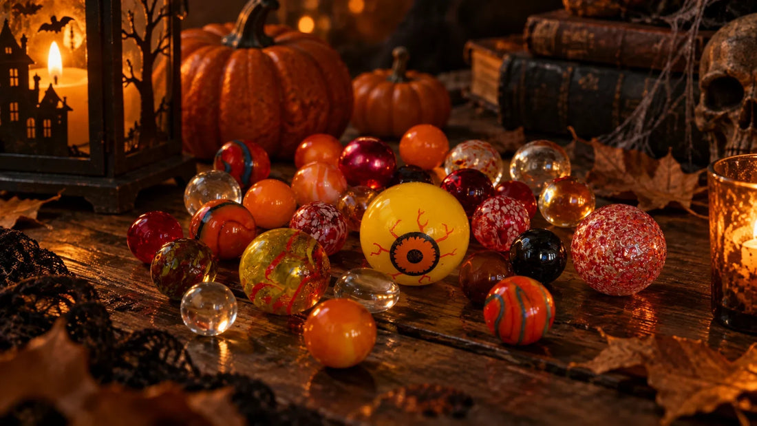 Des billes de verre orange, rouges et ambrées posées sur une table en bois, entre des citrouilles, de vieux livres, un crâne et des feuilles d'automne, éclairées par une lanterne, au centre, une grosse bille jaune peinte en œil.