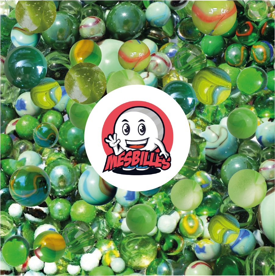 Ensemble 100 Billes Multi Verts MesBilles : billes ludiques aux tons verts variés, translucides et opaques, rappelant la nature et la fraîcheur
