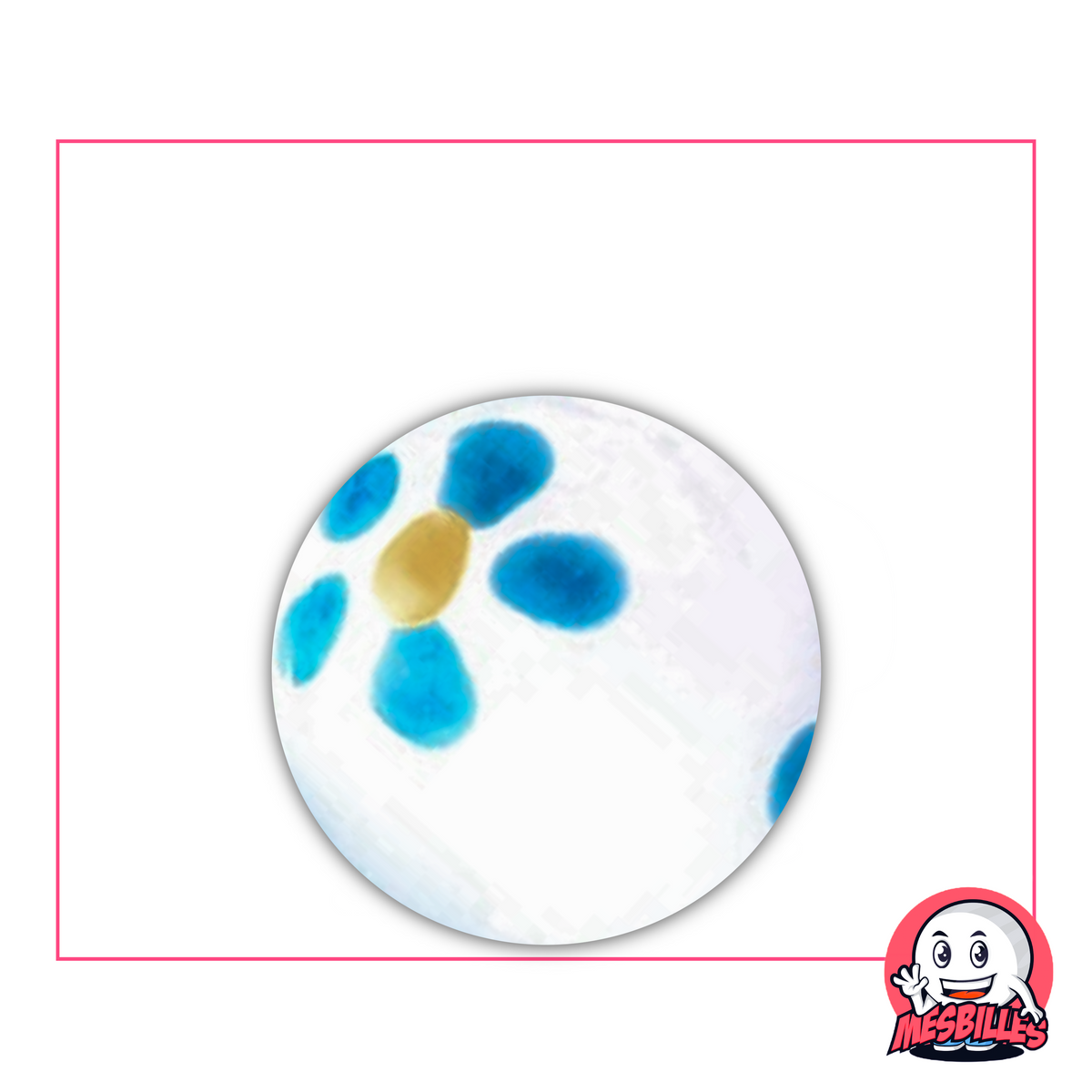 La Biglia Pâquerette Bianca e Blu 25 mm è una biglia artistica di fabbricazione artigianale.