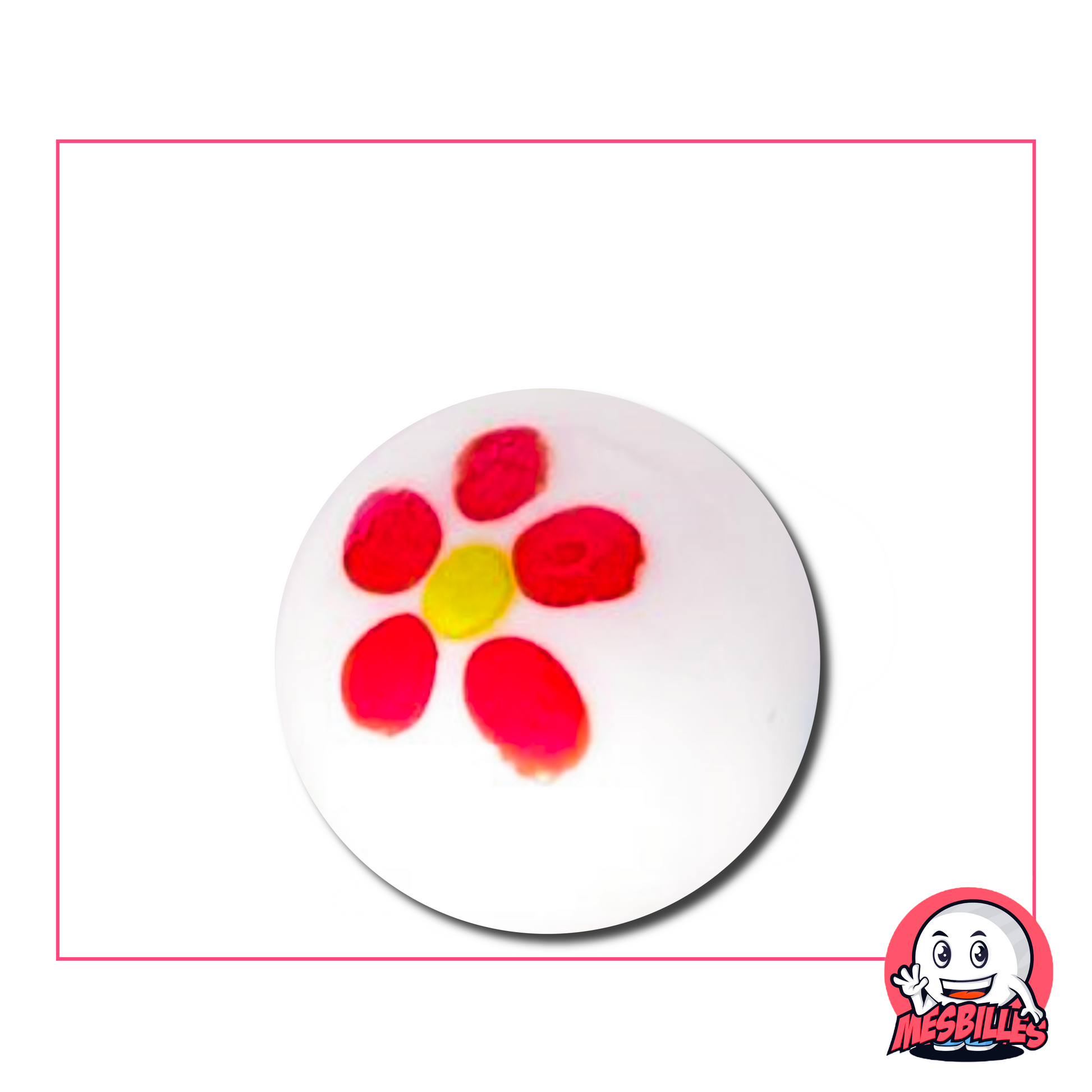 La Biglia Pâquerette Bianco e Rosso 25 mm è una biglia artistica di fabbricazione artigianale.