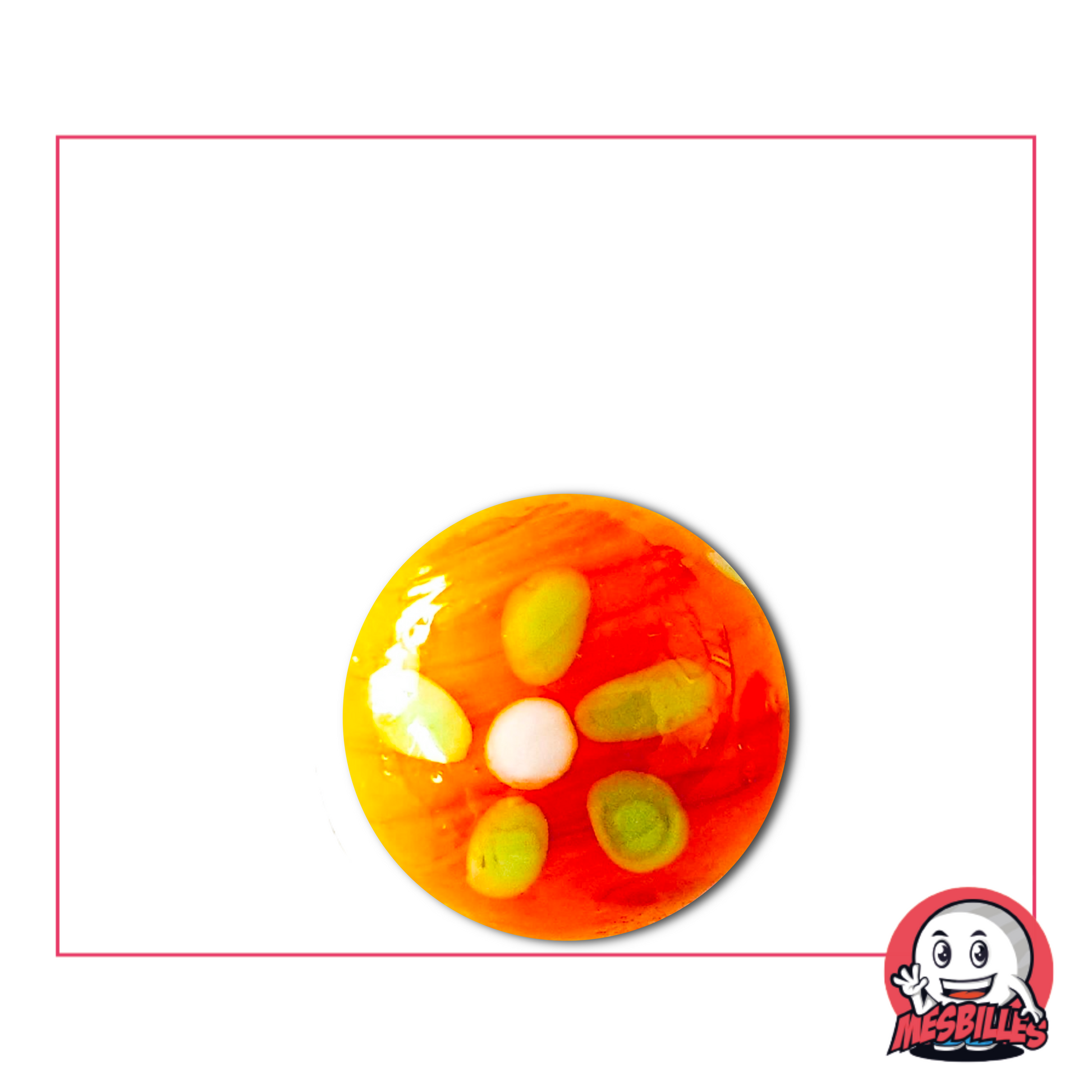 La Biglia Pâquerette Arancione 16 mm è una biglia artistica di fabbricazione artigianale.
