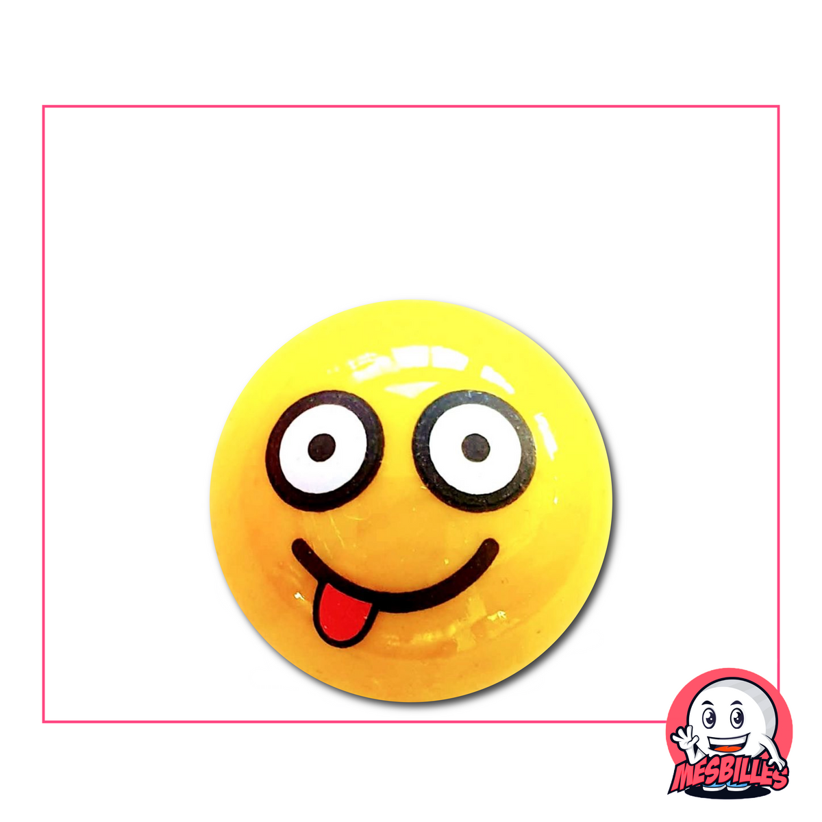 Biglia gialla con smiley malizioso che tira fuori la lingua e occhi neri rotondi