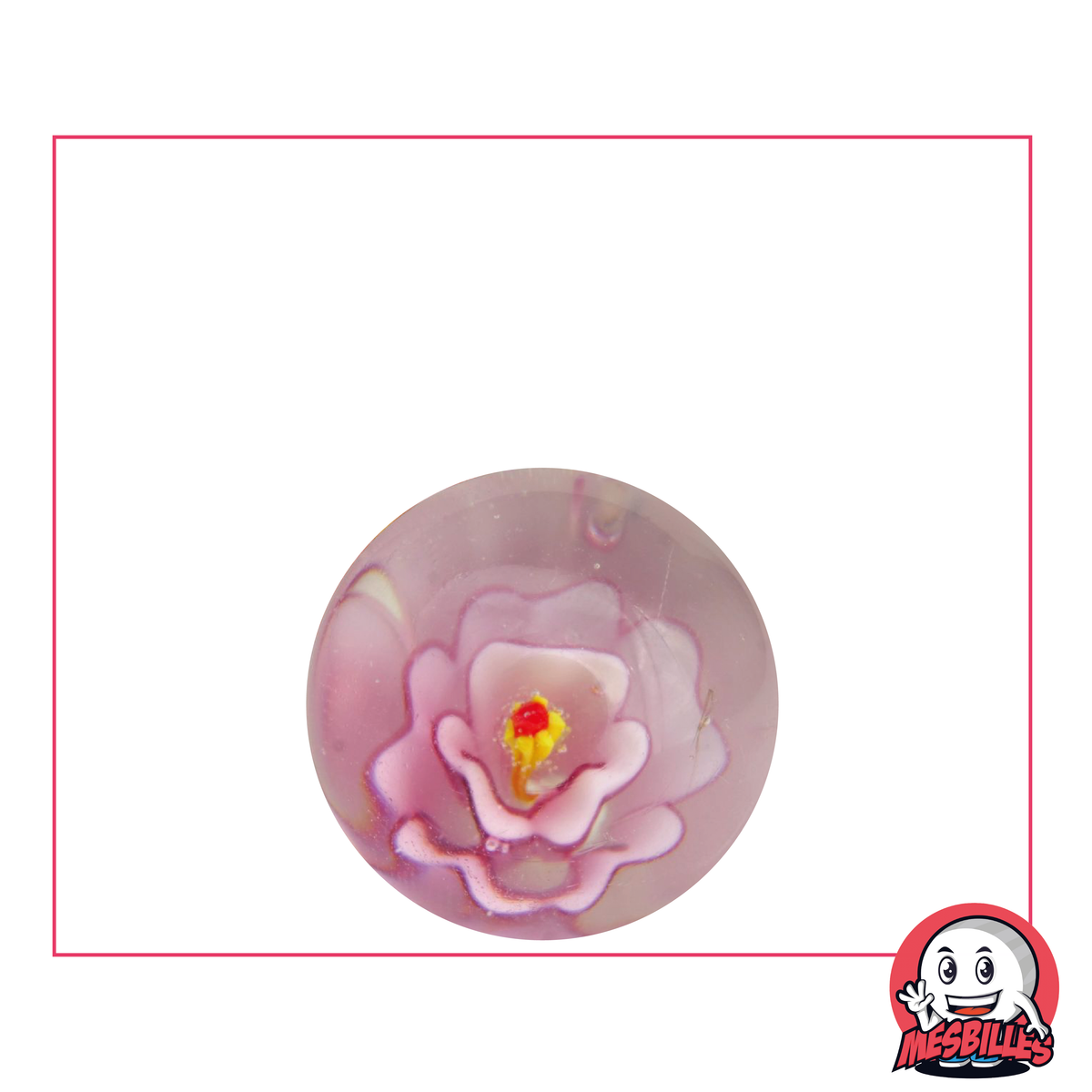 Biglia d'arte fiore rosa, biglia in cristallo traslucido con un fiore rosa incastonato al centro