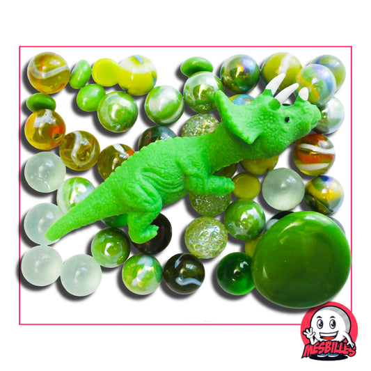 Ensemble complet 52 billes assorties et figurine Tricératops vert extensible – jouet préhistorique et jeu créatif MesBilles
