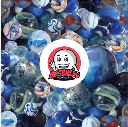 Ensemble 55 Billes Pharaons MesBilles : assortiment de billes élégantes aux tons bleus, blancs et métalliques rappelant l’art égyptien