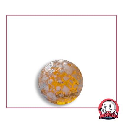 Bille Ambre Mouchetée Blanc et Bleu 16 mm en verre ambre, blanc et bleu, vue de dessus, 16 mm de diamètre