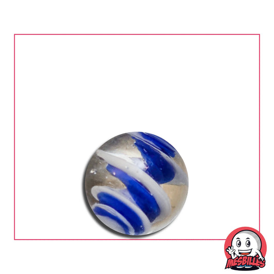 Bille Art Bonbon Bleu Blanc 16 mm – bille en verre de Bohême transparente avec spirales bleu cobalt et blanches, effet confiserie givrée MesBilles