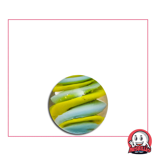 Bille Art Bonbon Jaune Bleu 16 mm – bille en verre de Bohême transparente avec spirales jaune citron et bleu pastel, effet confiserie artisanale MesBilles
