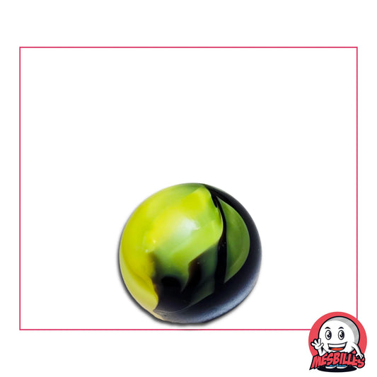 Bille Art Chafouin Jaune 16 mm brillante – bille espiègle aux reflets jaunes et bleus, création originale MesBilles