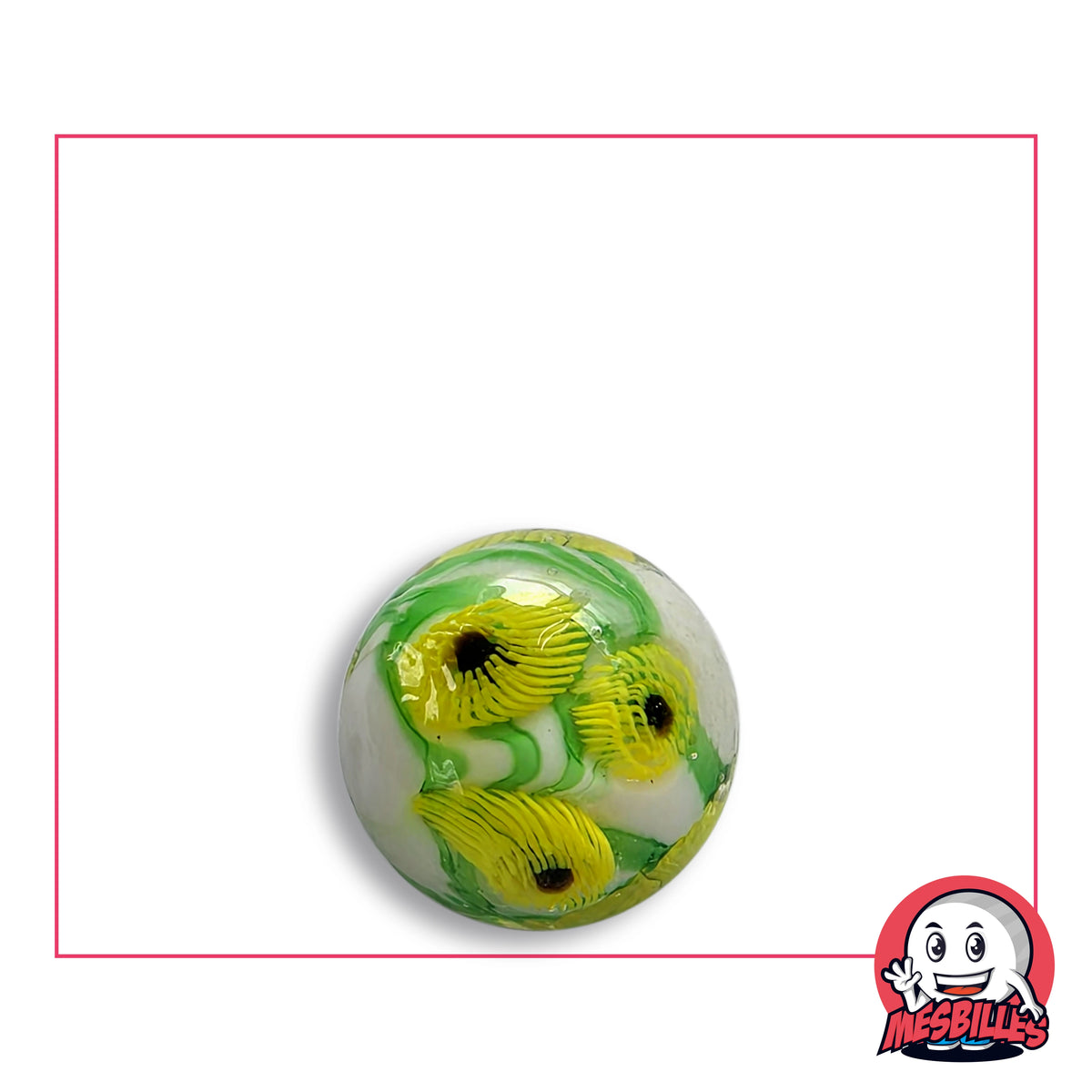 Bille Art Hélianthe 16 mm en verre, trois fleurs jaunes au cœur brun et tiges vertes sur fond blanc laiteux, vue de dessus, 16 mm de diamètre