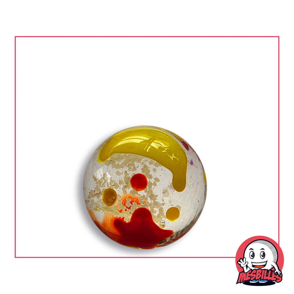 Bille Art Luciole 22 mm en verre clair phosphorescent, arc de lune jaune, étoile rouge foncé et pastilles colorées, vue de dessus, 22 mm de diamètre