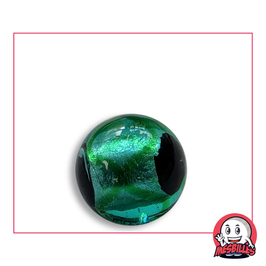 Bille Art Machu Picchu Turquoise 22 mm en verre vert d’eau à feuille aux reflets vert vif, deux zones noires opaques, vue de dessus, 22 mm de diamètre