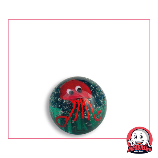 Bille Art Pieuvre en verre vert sombre à bulles, pieuvre rouge aux yeux blancs, vue de dessus, 16 mm de diamètre