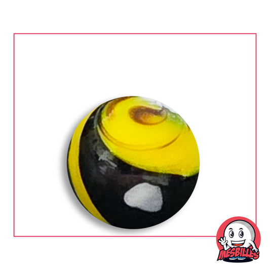 Bille Big-Bang Jaune et Noir 25 mm Collector en verre jaune et noir brillant à tache blanche, vue de dessus, 25 mm de diamètre