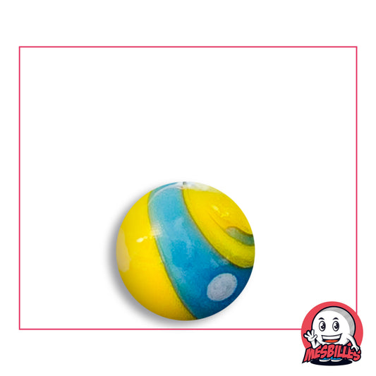 Bille Big-Bang Jaune et Turquoise 16 mm Collector en verre jaune à ruban turquoise et point blanc, vue de dessus, 16 mm de diamètre