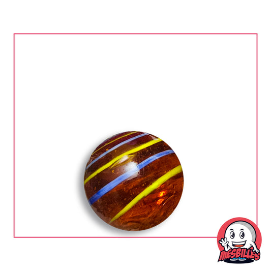 Bille Cyclone Ambre 16 mm Collector en verre ambre translucide à rubans jaunes et bleus, vue de dessus, 16 mm de diamètre