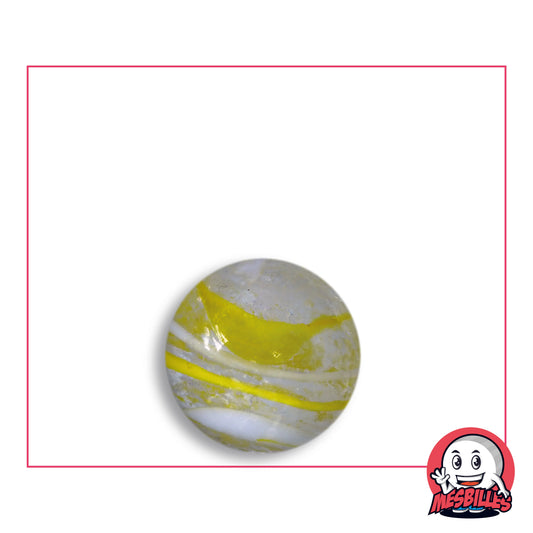 Bille Cyclone Jaune 16 mm Collector en verre incolore à tache jaune, filets blanc crème et zone blanche, vue de dessus, 16 mm de diamètre