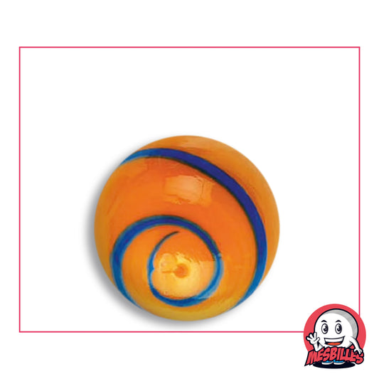 Bille Equinoxe Orange 25 mm Collector en verre orange vif opaque à ruban bleu foncé en spirale, vue de dessus, 25 mm de diamètre
