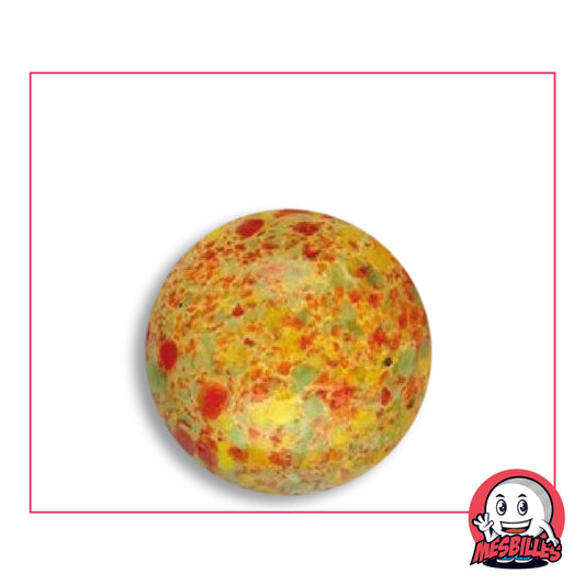 Bille Flyer Planet 25 mm Collector en verre jaune doré à mouchetures denses rouges, vert sauge et jaune citron, vue de dessus, 25 mm de diamètre