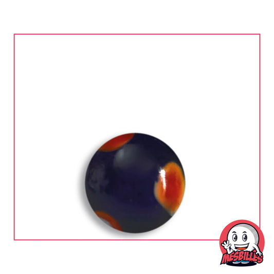 Bille Galactika Bleu 16 mm Collector en verre bleu nuit très sombre à taches rouges cerclées d'orange, vue de dessus, 16 mm de diamètre