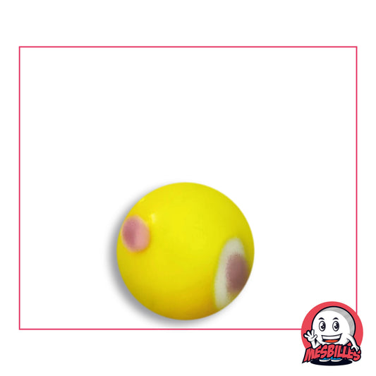 Bille Galactika Jaune 16 mm KimPlay Collector en verre jaune citron opaque à taches vieux rose, l'une cerclée de blanc, vue de dessus, 16 mm de diamètre