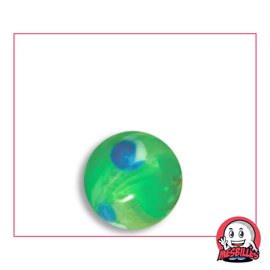 Bille Galactika Vert 16 mm Collector en verre vert marbré de vert tendre à taches bleu roi cerclées de blanc, vue de dessus, 16 mm de diamètre