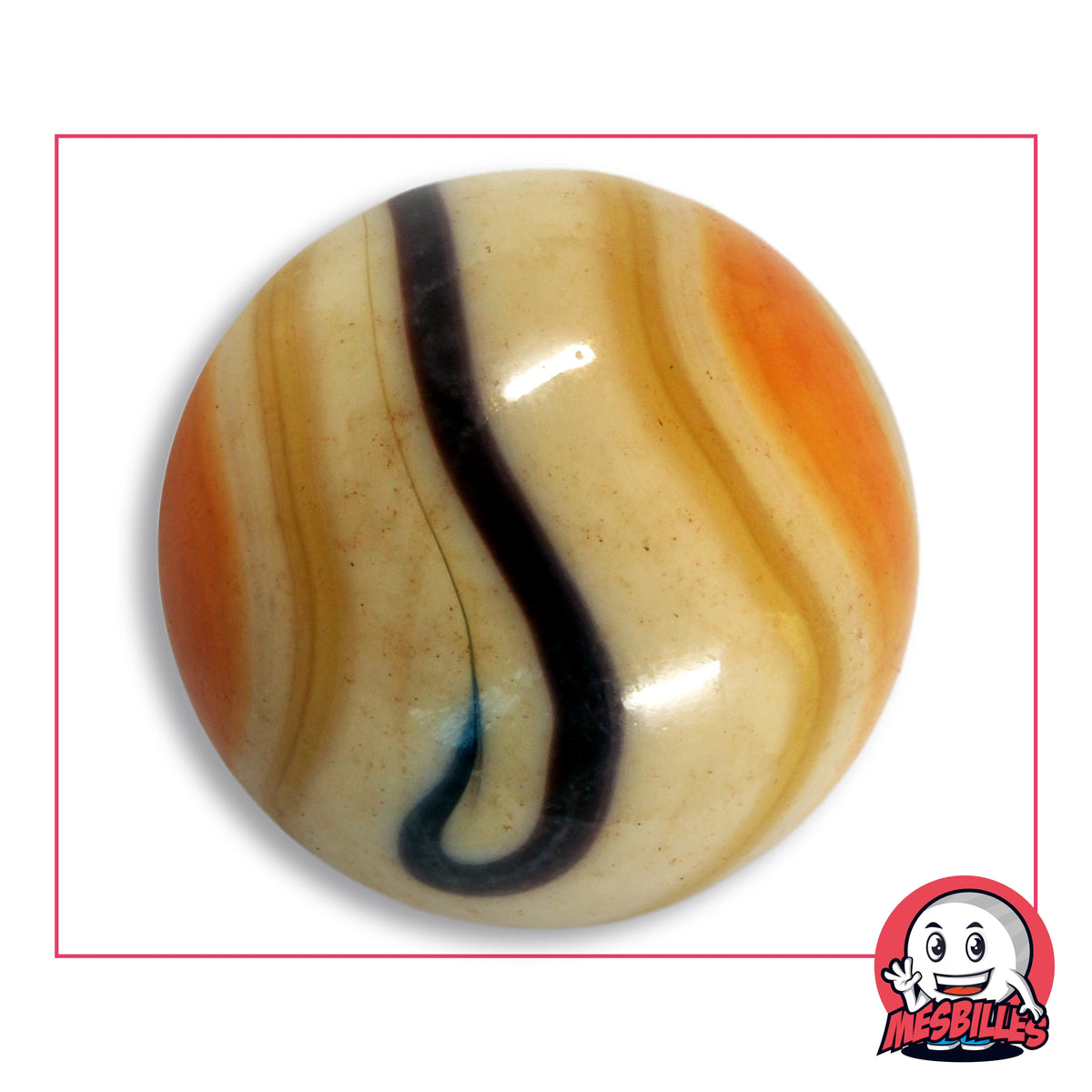 Grande bille Girafe Espagnol en verre opaque crème à bandes orange et caramel et ruban sombre, vue de dessus, 50 mm de diamètre