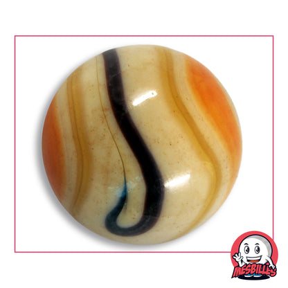 Grande bille Girafe Espagnol en verre opaque crème à bandes orange et caramel et ruban sombre, vue de dessus, 50 mm de diamètre