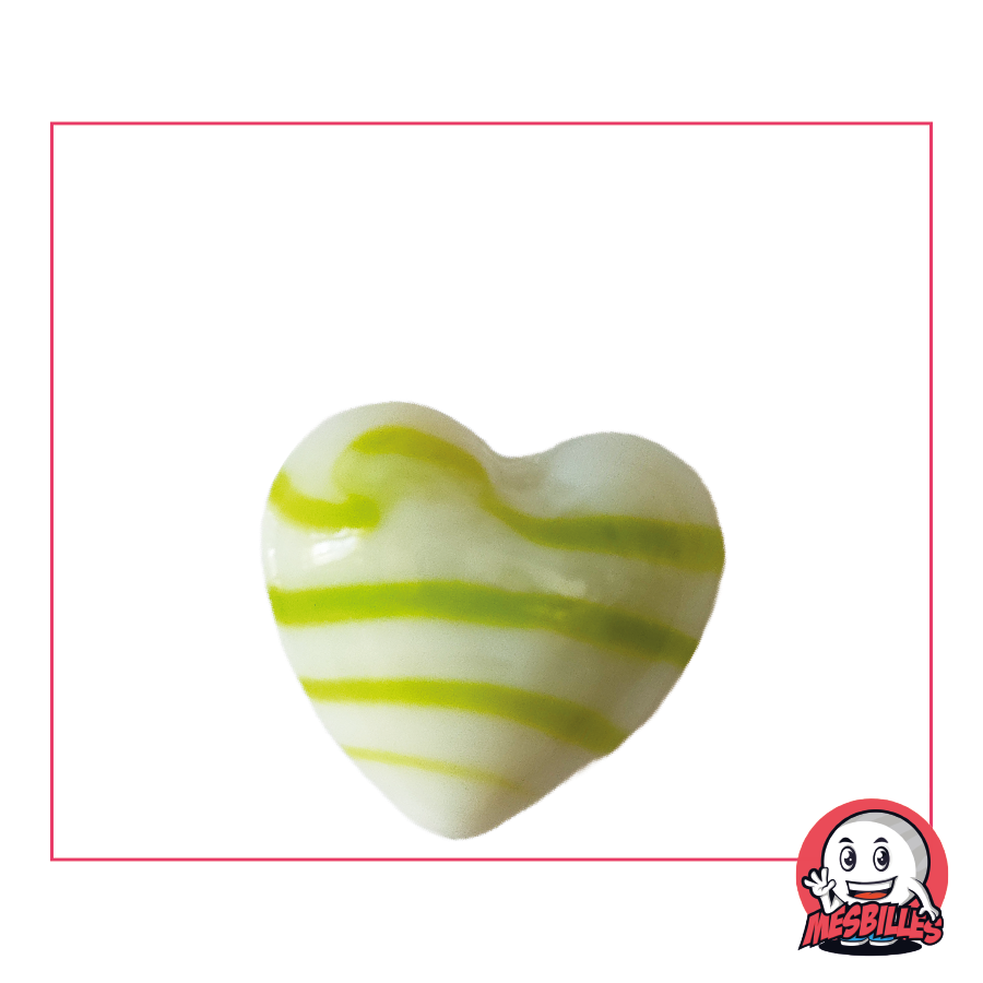Biglia a forma di cuore in vetro opaco bianco striato di verde chiaro, biglia piatta 25 mm, MieiBiglie