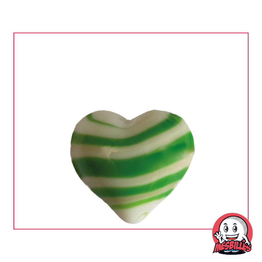 Biglia a forma di cuore in vetro opaco bianco striato di verde, biglia piatta 25 mm, MieiBiglie