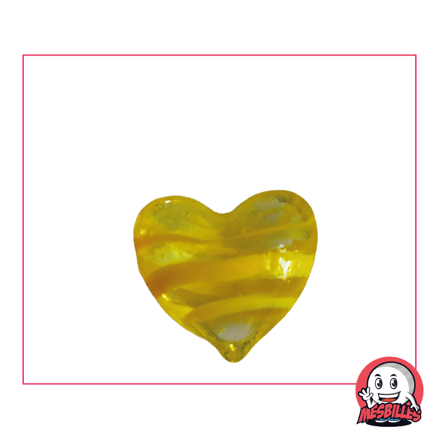 Biglia a forma di cuore in vetro traslucido giallo a strisce gialle opache, biglia piatta 25 mm, MieiBiglie