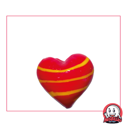 Biglia a forma di cuore in vetro opaco rosso e striato di giallo, biglia piatta 25 mm, MieiBiglie