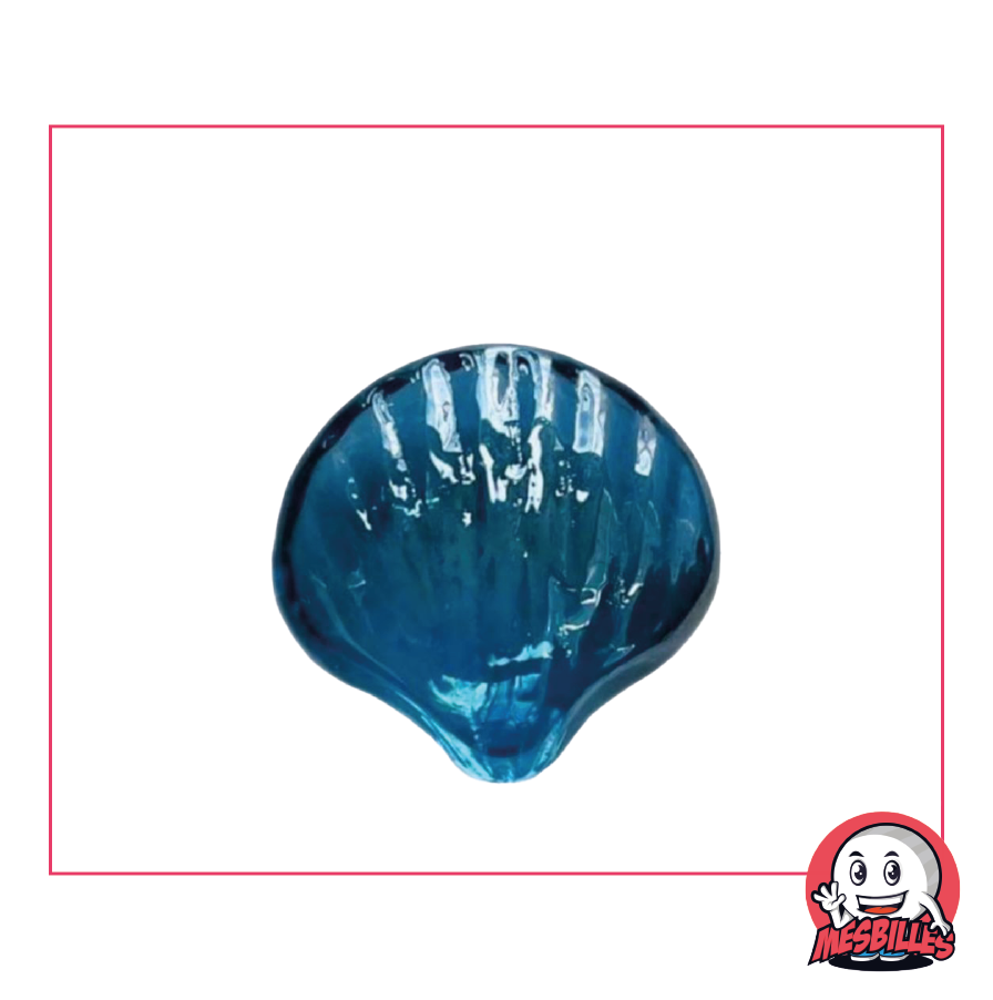 Biglia a forma di conchiglia in vetro traslucido di colore blu intenso, forma piatta, dimensione 30 mm