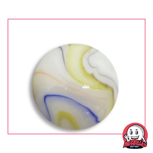 Grande bille Multi-chiffonnade en verre blanc opaque type porcelaine strié de jaune, de bleu et de gris, vue de dessus, 35 mm de diamètre