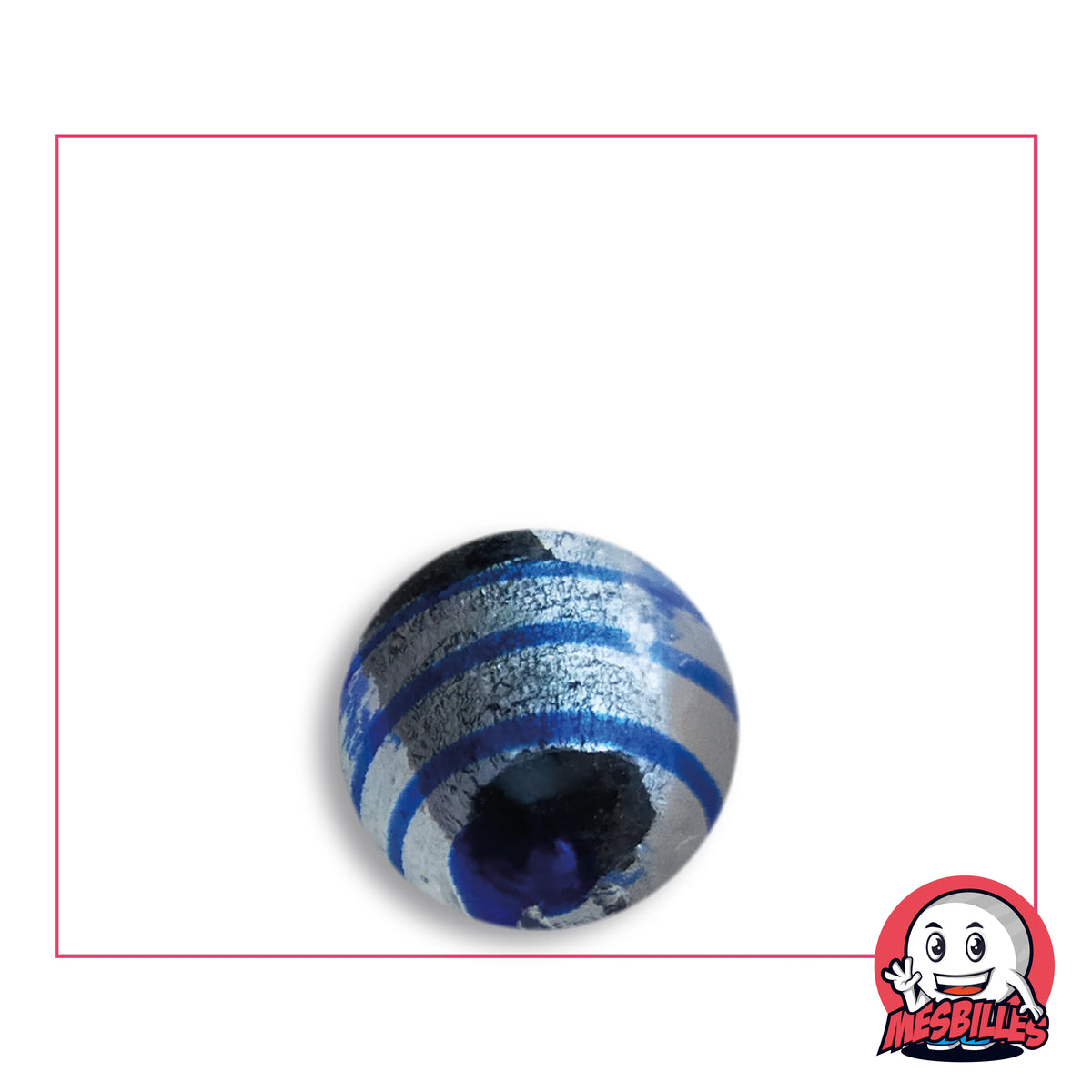 Biglia Oeil de Dragon Rigata Blu 16 mm KimPlay Collector in vetro chiaro con decoro argentato rigato di blu, vista dall'alto, 16 mm di diametro