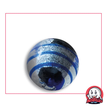 Bille Oeil de Dragon Rayé Bleu 25 mm Collector en verre clair à décor argenté rayé de bleu, vue de dessus, 25 mm de diamètre