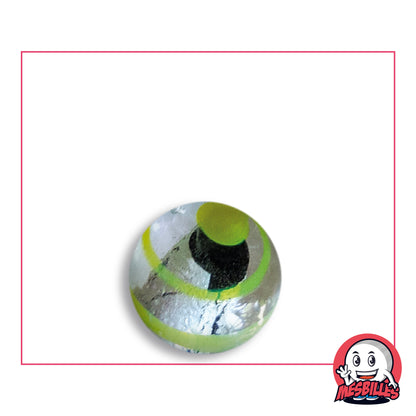 Biglia Oeil de Dragon Rigata Gialla 16 mm KimPlay Collector in vetro chiaro con decoro argentato rigato di giallo, vista dall'alto, 16 mm di diametro