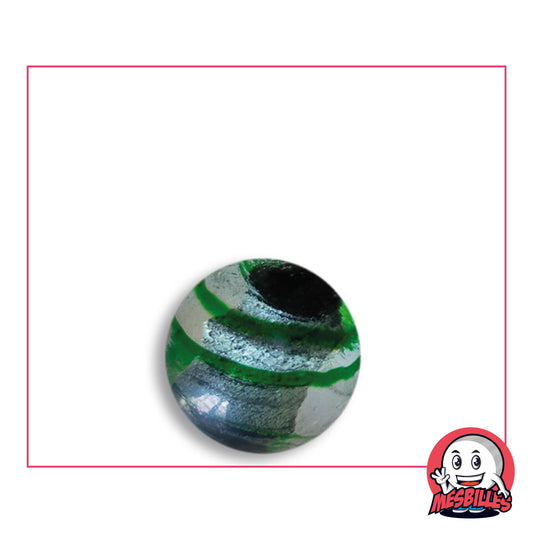 Biglia Oeil de Dragon Rigata Verde 16 mm KimPlay Collector in vetro chiaro con decoro argentato rigato di verde, vista dall'alto, 16 mm di diametro